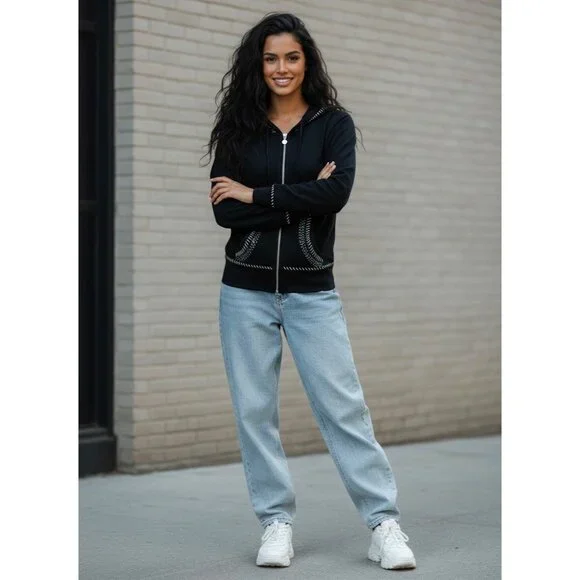 Vtg 90s Black Embroidered Sequin Beaded Zip Up Hoodie | Y2K Skater Grunge Retro - Picture 14 of 16